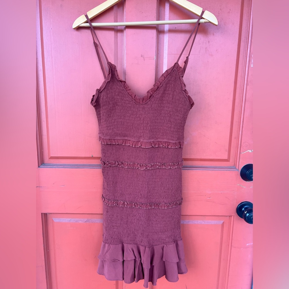Olivaceous Burnt Red Bodycon Spagh Strap Ruffle Dress